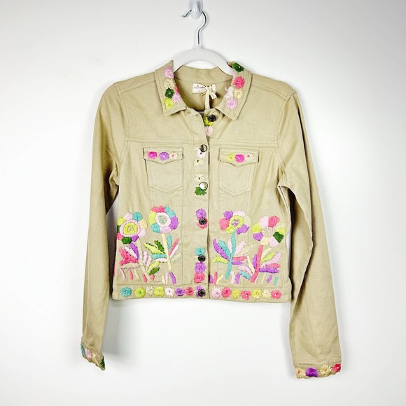 NEW Antica Sartoria Tan Denim Jacket Embroidered Flowers Size
